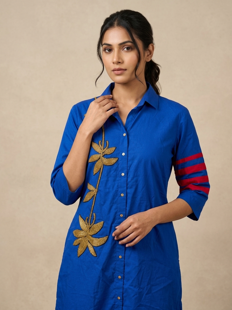 Azure Bloom Embellished Fusion Tunic