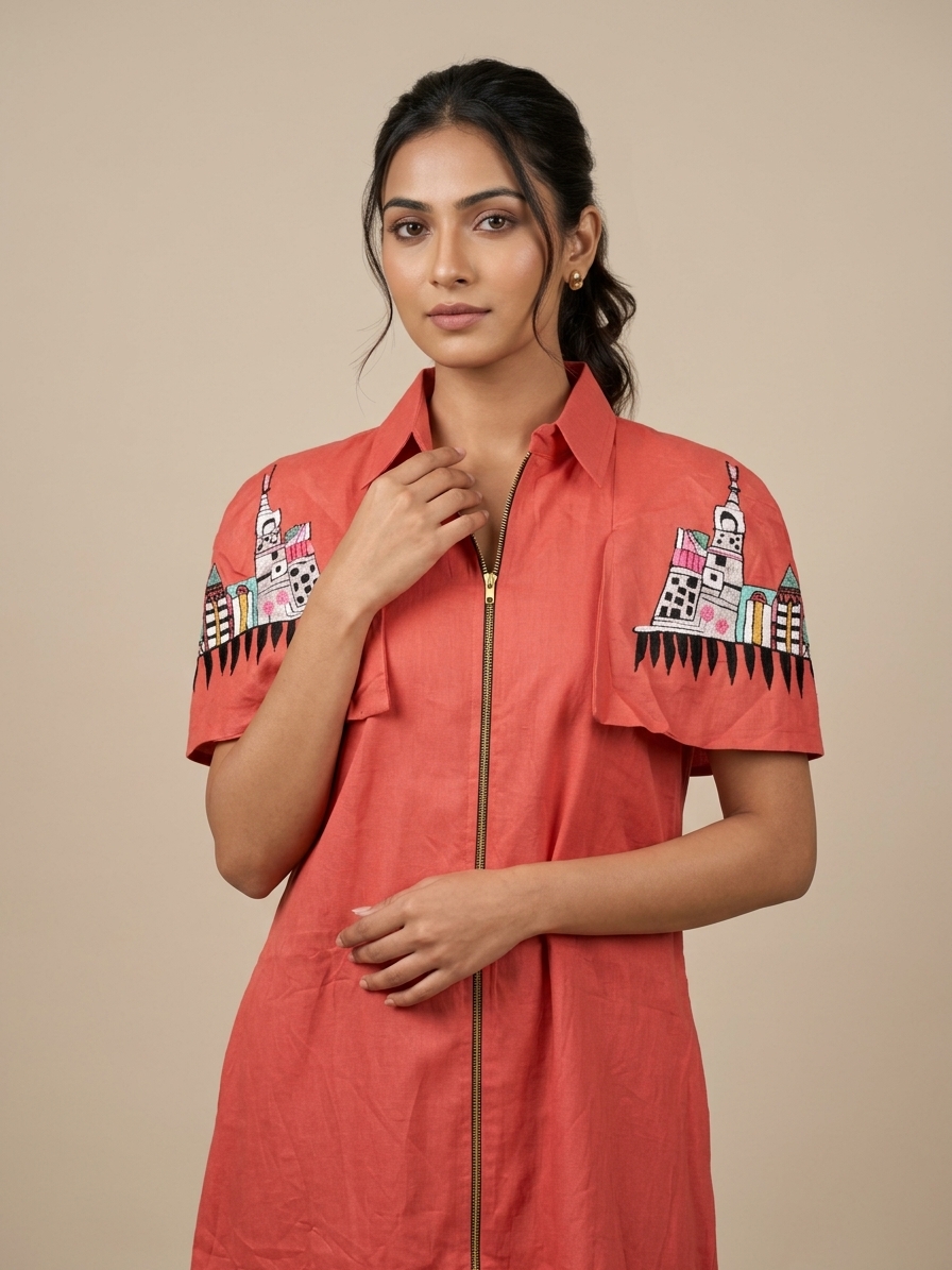 Coral Embroidered Cityscape Tunic
